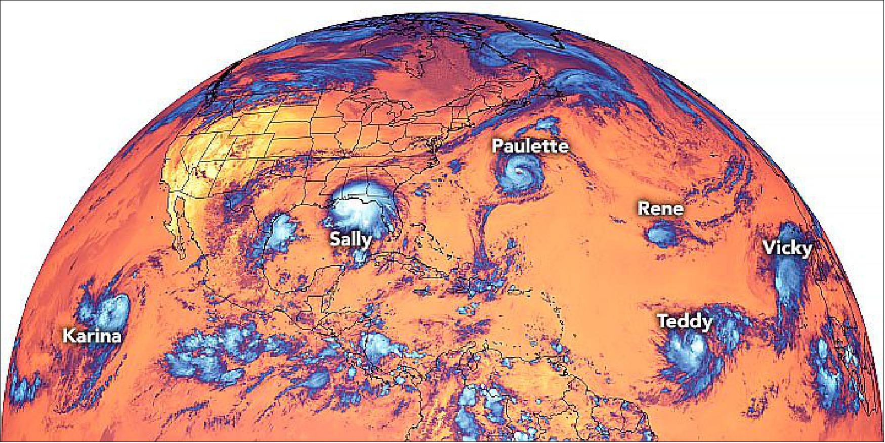 Figure 34: The image shows a wide view of six storms on September 14, 2020. The data show brightness temperature of the cloud tops (infrared band 13) and were acquired on September 14 by the GOES (Geostationary Operational Environmental Satellite)-16. GOES-16 is operated by NOAA; NASA develops and launches the GOES series of satellites (image credit: NASA Earth Observatory)