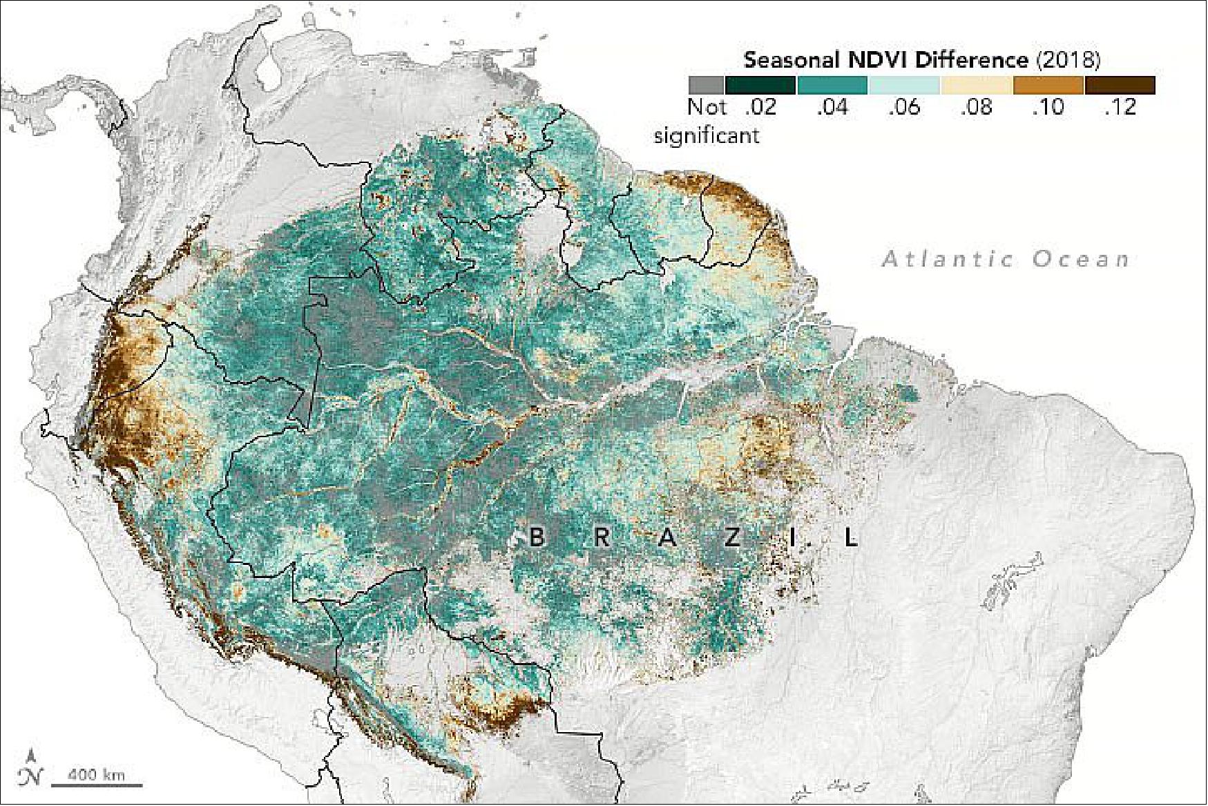 Figure 28: An analysis of geostationary satellite data found a 10 to 15 percent increase in greening around the Amazon rainforest during the dry season (image credit: NASA Earth Observatory images by Joshua Stevens, using data courtesy of Hashimoto, H., et al. (2021), and GOES 16 data from NOAA and the National Centers for Environmental Information (NCEI). Story by Adam Voiland)