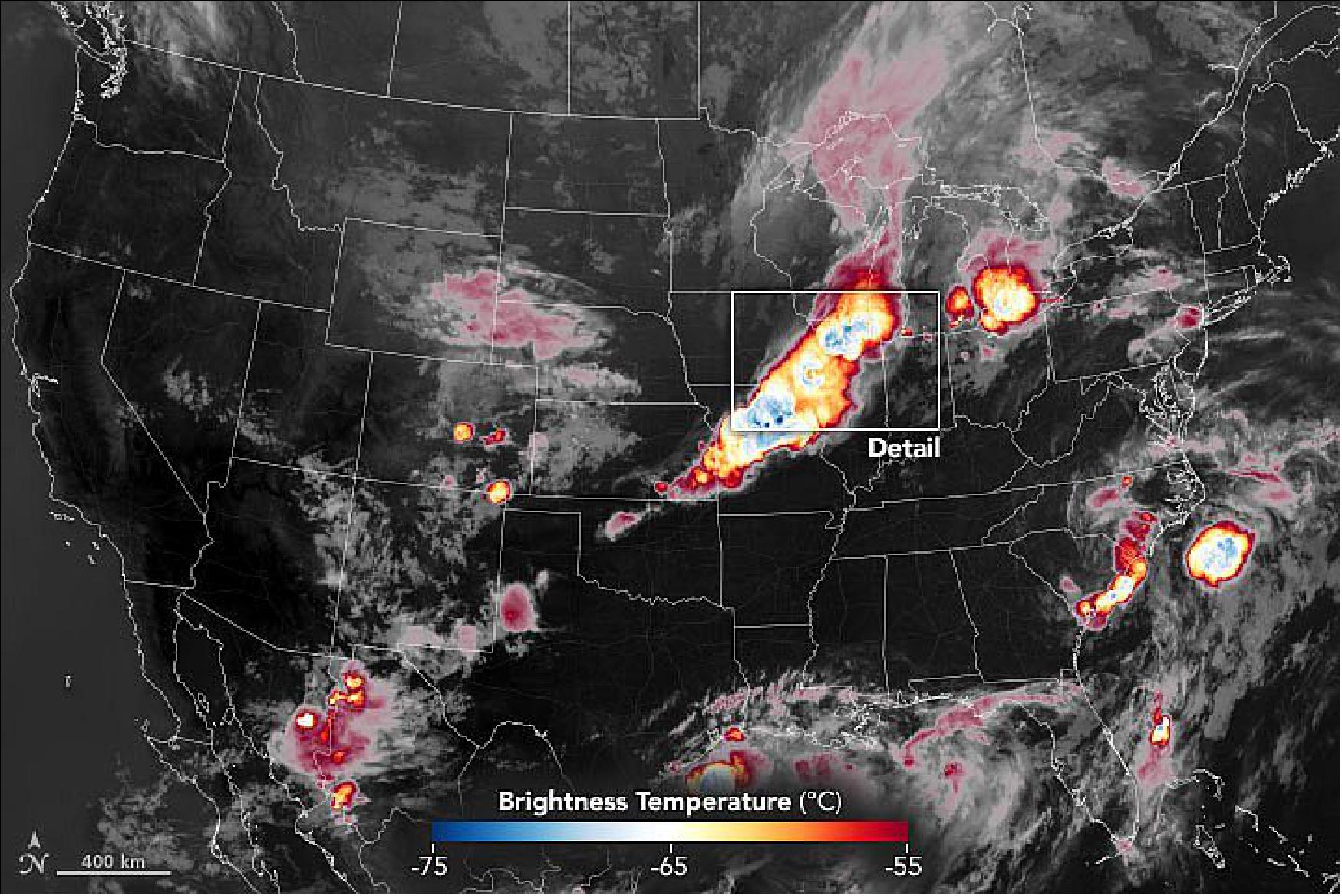 Figure 24: Severe thunderstorms can draw plumes of cirrus clouds into the stratosphere, a sign that tornadoes, large hail, or damaging winds may be coming soon. GOES-R image of June 16, 2021 (image credit: NASA Earth Observatory)