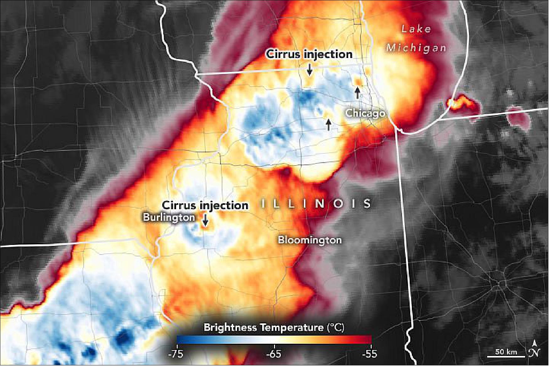 Figure 23: Detail image: From a satellite perspective, the dynamics of the storm system were more subtle, but they offered at least one early clue that the squall line had a good chance of unloading destructive weather. The cloud temperature data above, from the Advanced Baseline Imager (ABI) on the GOES-R satellite, was collected about 45 minutes before the tornado touched down. Warmer air is red and cooler air is blue. - “Notice the plumes of warm air downwind of updrafts—the cold overshooting cloud tops,” said Kristopher Bedka of NASA’s Langley Research Center. “Those are what we call ‘above-anvil cirrus plumes’ (AACPs)—cirrus clouds that were injected into the stratosphere.” [NASA Earth Observatory images by Joshua Stevens, using GOES-16 (former GOES-R designation) imagery courtesy of NOAA and the National Environmental Satellite, Data, and Information Service (NESDIS). Story by Adam Voiland]