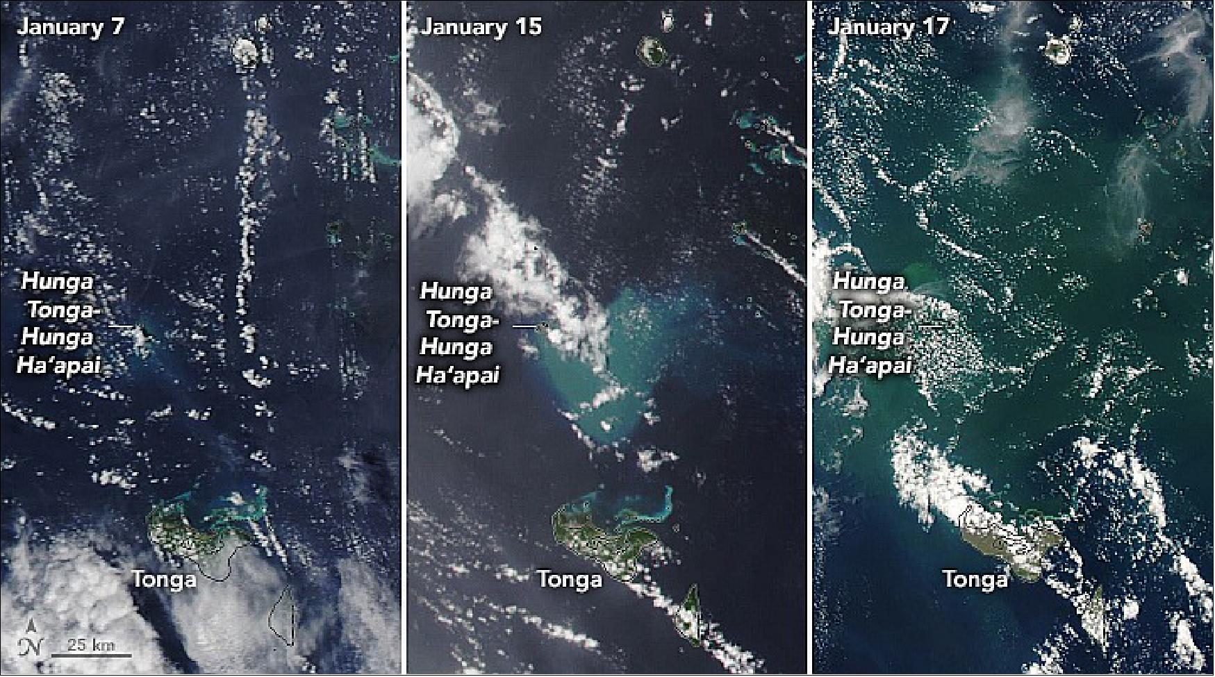 Figure 18: The trio of natural-color images shows ash, pumice, and sediment discoloring the water around the eruption site. The images were acquired by the Moderate Resolution Imaging Spectroradiometer (MODIS) on NASA’s Aqua satellite (image credit: NASA Earth Observatory).