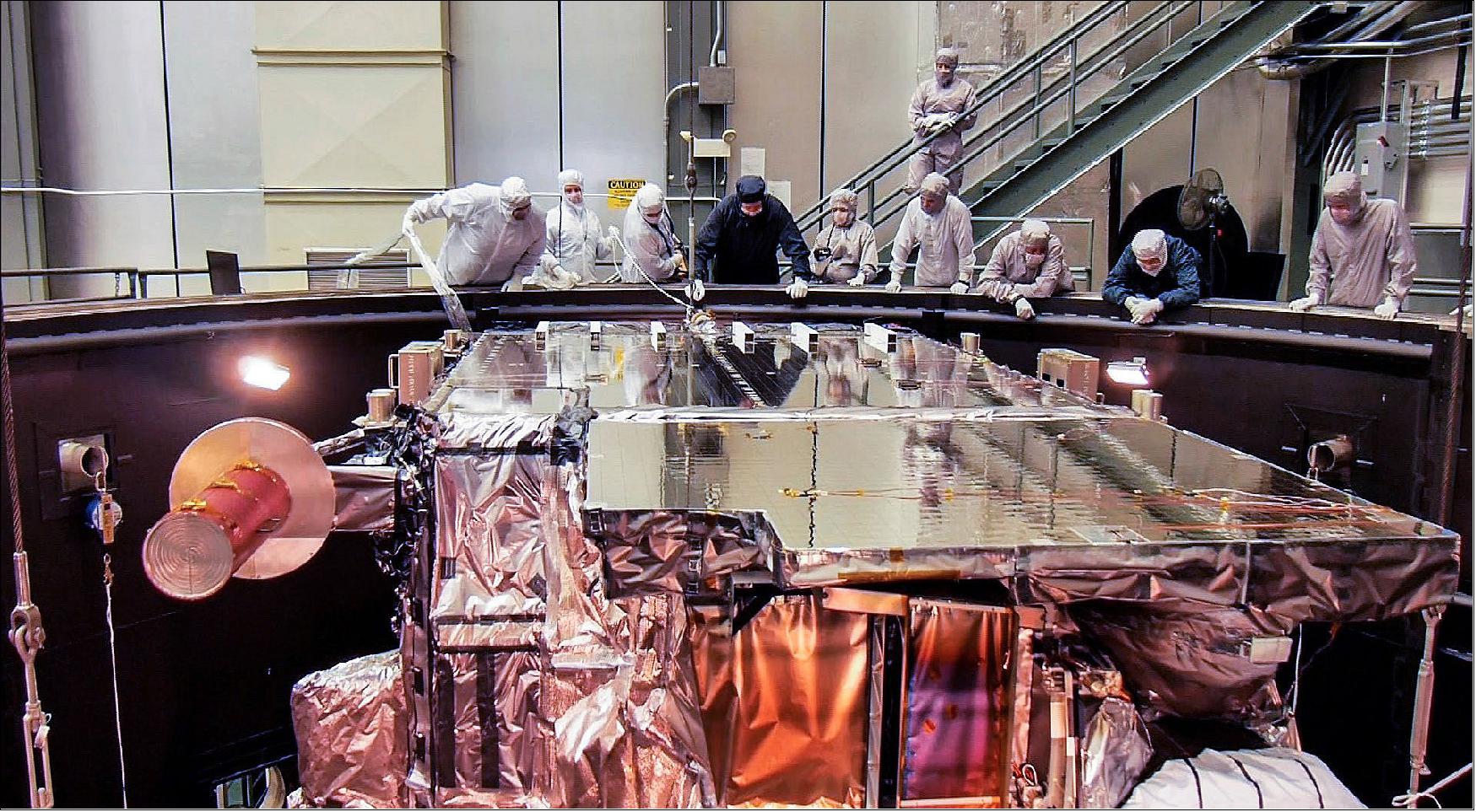 Figure 43: The GOES-R satellite is shown post-testing after opening the thermal vacuum chamber door (image credit: Lockheed Martin, NOAA)