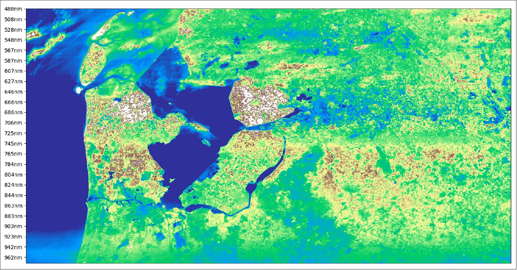 Figure 7: The HyperScout imager on ESA’s GomX-4B CubeSat combines multiple image frames like these (shown here with false color) to produce hyperspectral views of its target, combining more colors than the human eye can perceive to yield much richer environmental information than standard optical satellite acquisitions. Each line making up a HyperScout image is acquired in a different spectral band. The imager takes advantage of the onward orbital motion of its host CubeSat so that these lines overlap, to build up a complete hyperspectral 'image cube'. In April 2020 HyperScout acquired a spectral data set over the Netherlands. The sky is calm, reflecting what is happening on the ground with the COVID-19 lockdown, with no contrails in sight. The light reflected from the Dutch land has been collected without any obstructions, resulting in clear and complete images (image credit: cosine)