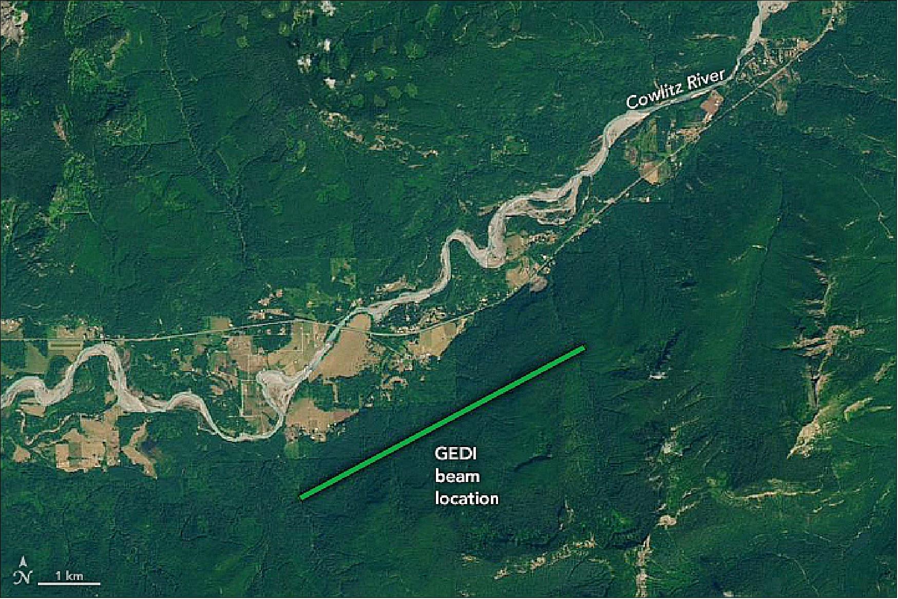Figure 14: GEDI's LIDAR uses lightweight, energy-efficient lasers and innovative optics that split and scan its lasers into multiple beams, increasing coverage without adding weight. The instrument can also rotate to point at specific tracks on the ground, allowing it to make sure GEDI samples as much of the forest as possible. This track shows where the Pacific Northwest swath was measured (image credits: Earth Observatory / Lauren Dauphin)