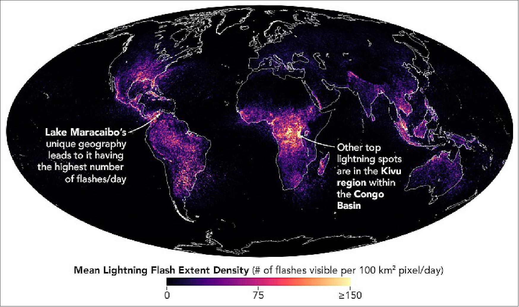 Figure 7: This map draws on observations from multiple sensors—the ISS LIS, the TRMM LIS, and OTD. The TRMM LIS collected data between 1997 and 2015; OTD was operational between 1995 and 2000; and ISS LIS has been flying since 2017. Scientists from Los Alamos National Laboratory and the University of Alabama-Huntsville published an updated map in March 2021. Researchers from NASA’s Marshall Space Flight Center released a similar map of lightning activity, based on three years of ISS LIS observations, in July 2020. (image credit: NASA Earth Observatory image by Lauren Dauphin, using data from Peterson, et al. (2021). Photograph by NASA. Story by Adam Voiland)