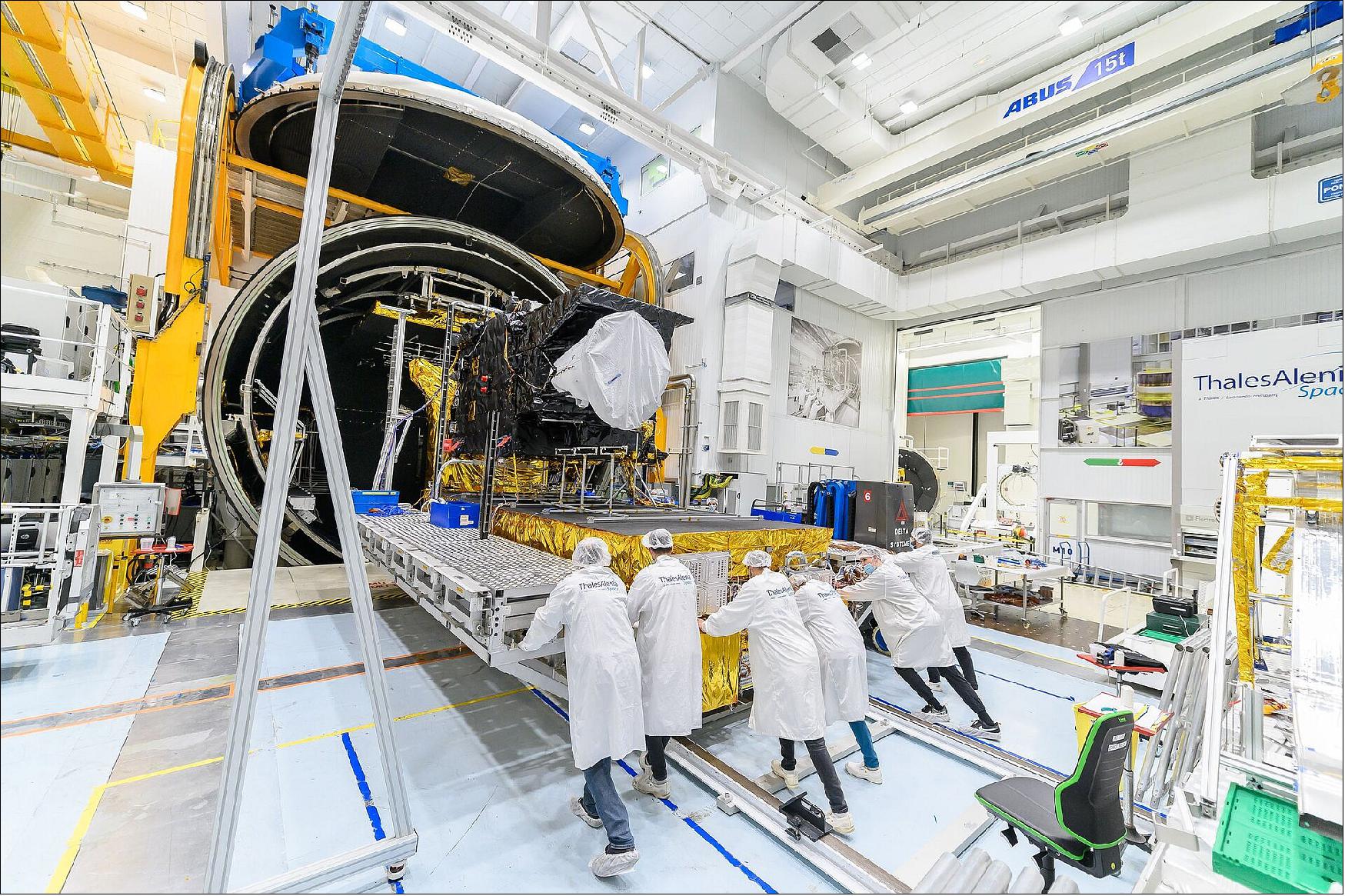 The Meteosat Third Generation Imager satellite being pushed into the thermal vacuum chamber for testing at Thales Alenia Space’s facilities in Cannes, France, in October 2021. These tests simulate the thermal conditions that the satellite will experience in orbit above Earth and demonstrate that the satellite will function correctly in the harsh environment of space. To meet more than the 20-year operational life of the mission, the full MTG system comprises six satellites, four MTG-I and two MTG-S. The first MTG-I is scheduled to launch at the end of 2022 (image credit: Thales Alenia Space)