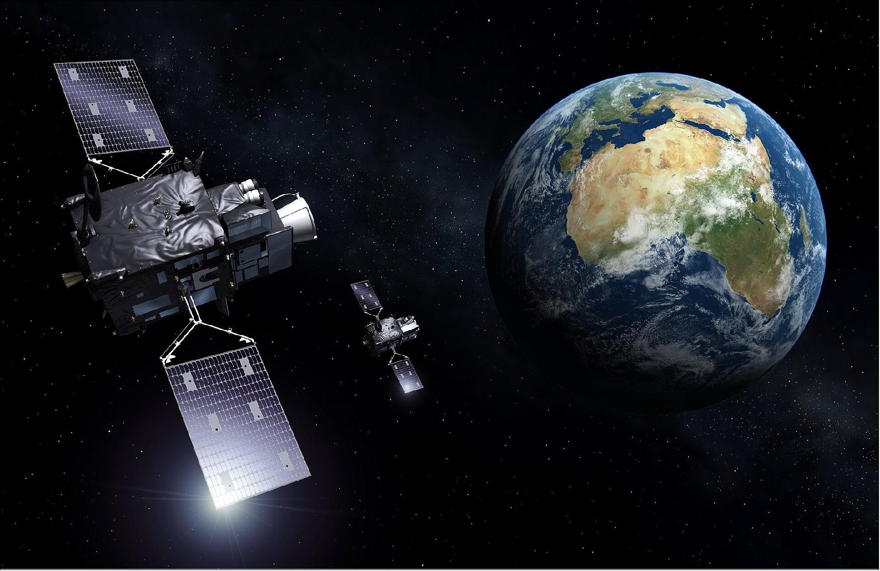 The system includes four MTG-I imaging (foreground) and two MTG-S sounding satellites. Continuing the long-standing partnership between ESA and the European Organisation for the Exploitation of Meteorological Satellites (Eumetsat), and building on the success of the first two generations of Meteosat satellites, this new family of weather satellites will not only guarantee the continuity of data for weather forecasting from geostationary orbit into the next decades, but will also provide advanced imaging capabilities, all-new infrared sounding and lightning imaging for warnings of severe storms (image credit: ESA, CC BY-SA 3.0 IGO)