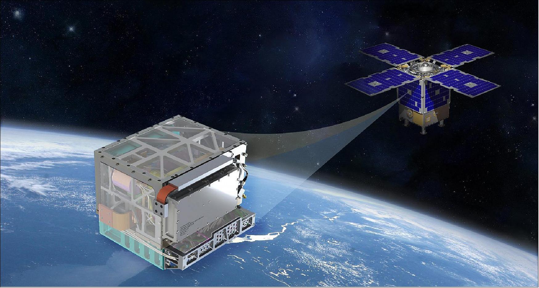 Figure 19: A glimpse of the Deep Space Atomic Clock in the middle bay of the General Atomics Electromagnetic Systems Orbital Test Bed spacecraft (image credit: NASA)