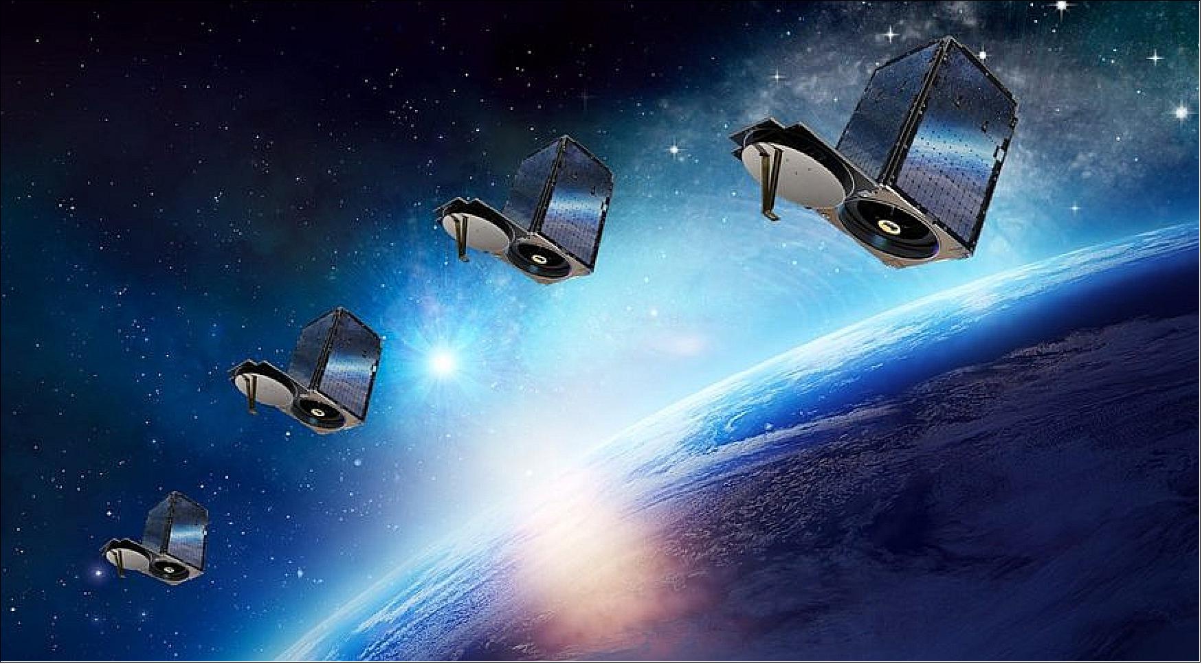 Figure 15: An illustration of four of the SkySat high-resolution imagery satellites developed by Terra Bella. Planet announced April 18 it has completed its deal announced in February to acquire Terra Bella from Google (image credit: Space Systems Loral)