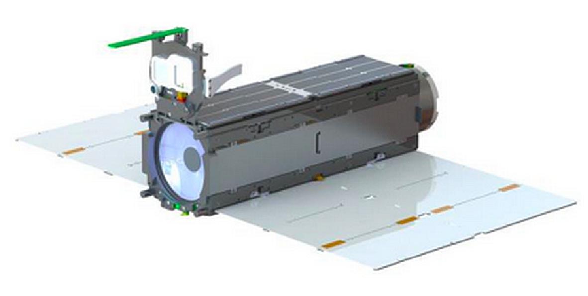 Figure 3: Planet Dove nanosatellite in operational configuration with solar panels deployed and communications antenna flap opened (image credit: Planet)