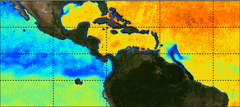 Figure 24: The animation, which runs from March 27, 2015 to April 16, 2018, is produced using data from NASA's Soil Moisture Active Passive Mission (SMAP). A key feature is that the freshwater does not stay along the coast but is moved by ocean currents. The North Brazil current carries the freshwater north, where it is then captured and moved eastward by the Atlantic Equatorial Countercurrent. Freshwater entering the Gulf of Mexico from the Mississippi River can be seen at the top (image credit: NASA/JPL/PODAAC)
