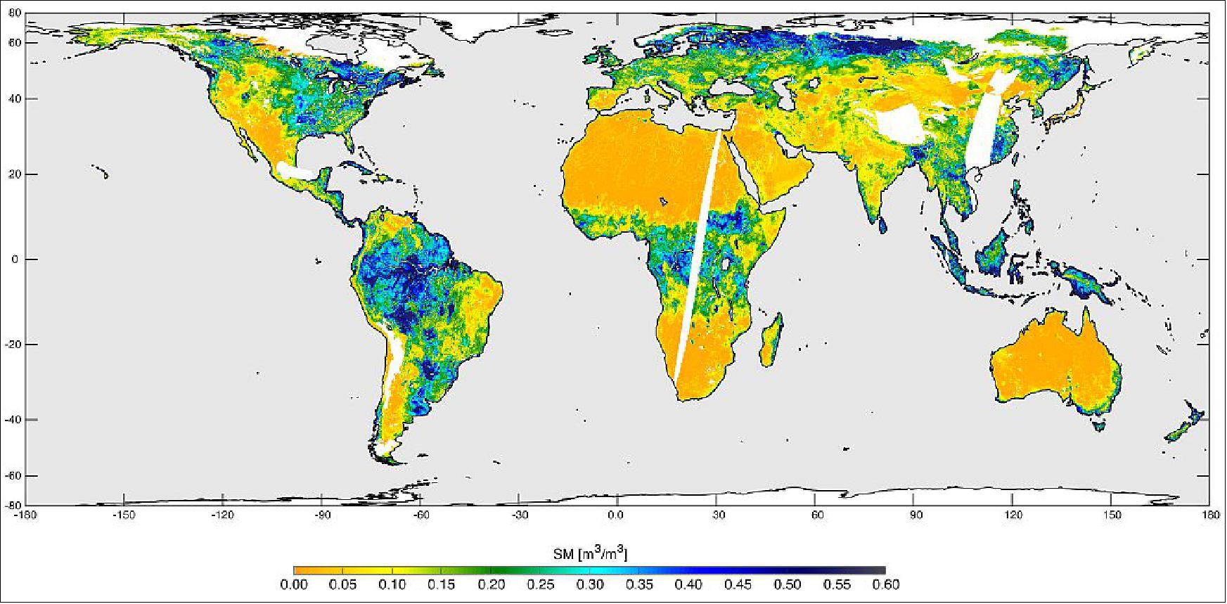 Figure 43: High-resolution global soil moisture map from SMAP's combined radar and radiometer instruments, acquired between May 4 and May 11, 2015, during SMAP's commissioning phase. The map has a resolution of 9 km (image credit: NASA/JPL, Caltech, GSFC)