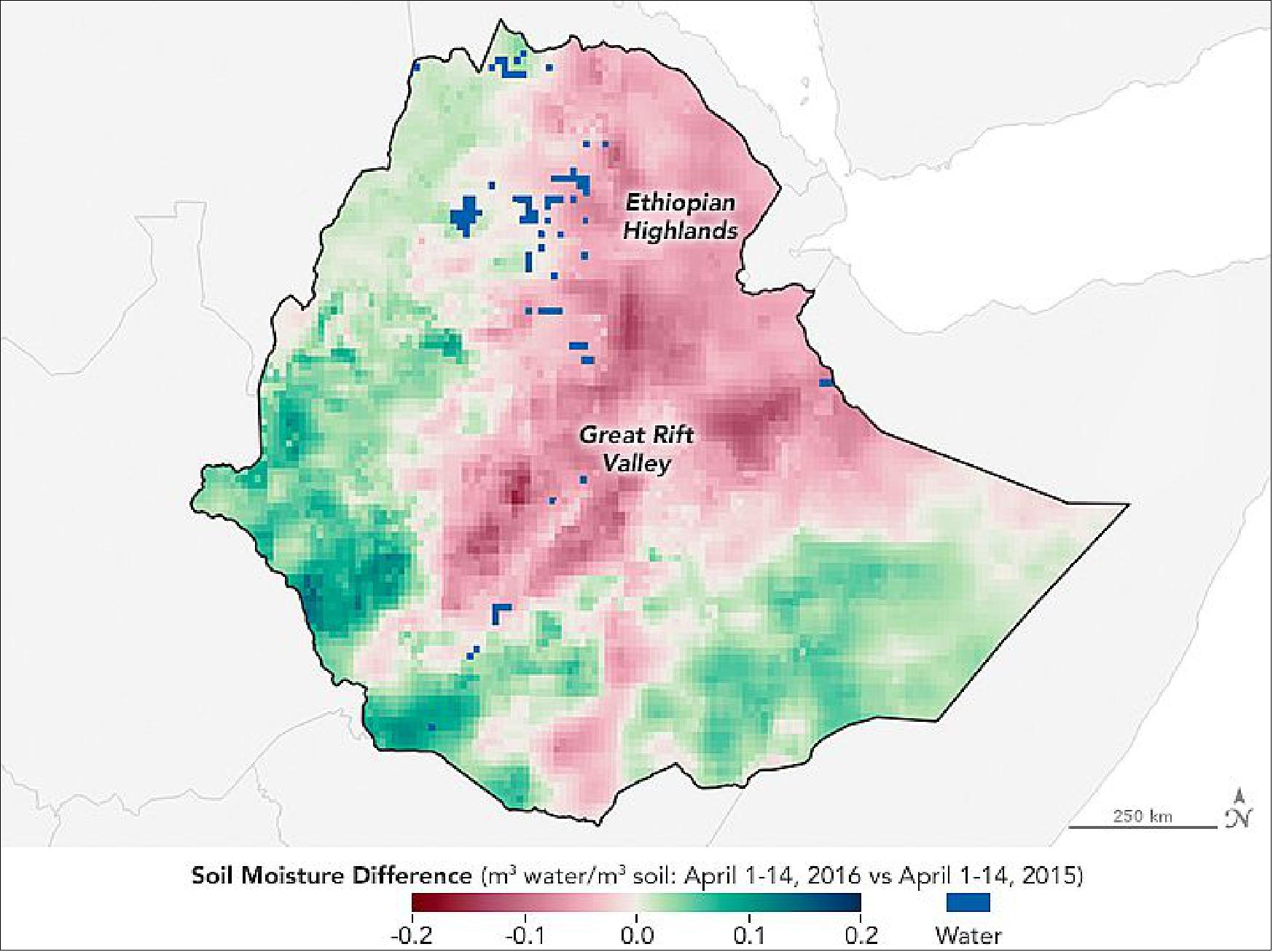 Figure 33: The map shows how soil moisture in Ethiopia, averaged from April 1 to April 14, 2016, differed from conditions one year earlier. The map is based on data from NASA's SMAP (Soil Moisture Active Passive) satellite, which can measure soil moisture in the top 5 cm of the ground. Yellow and green indicate areas where the top layer of soil became wetter; red areas became drier (the resolution is about 9 km/ pixel), blue areas are lakes (image credit: NASA Earth Observatory, images by Joshua Stevens and Jesse Allen)