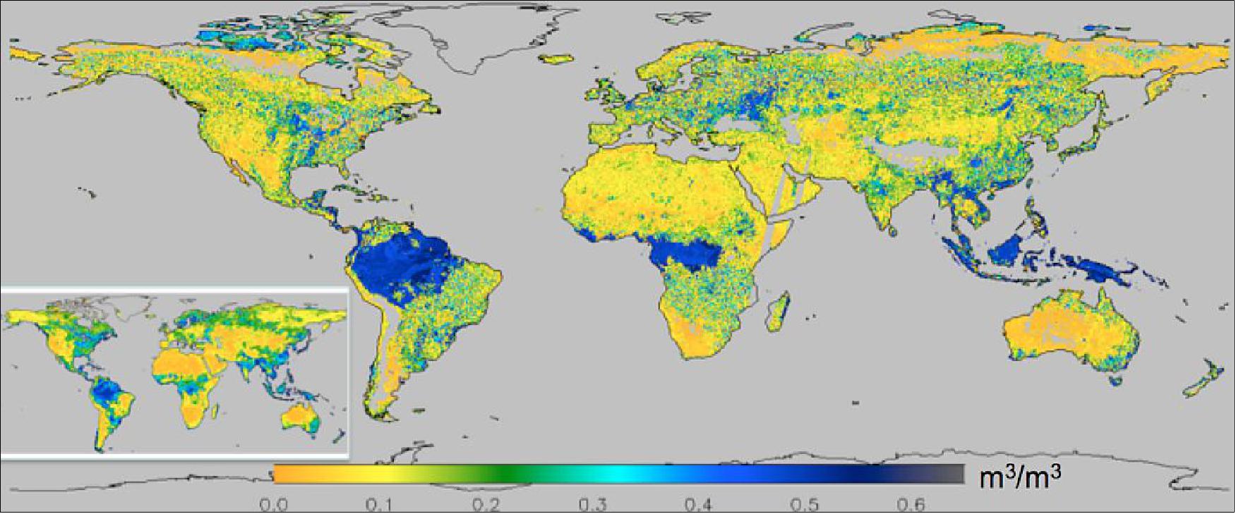 Figure 32: SMAP radar-based soil moisture for one 8-day cycle of June 19 to 26, 2015. The inset shows the SMAP radiometer-baseline retrievals over the same period. Except for a few orbit gaps, missing data (grey) are mostly due to the frozen condition (permanent and dynamic) and failed retrievals (Australia), image credit: NASA/JPL