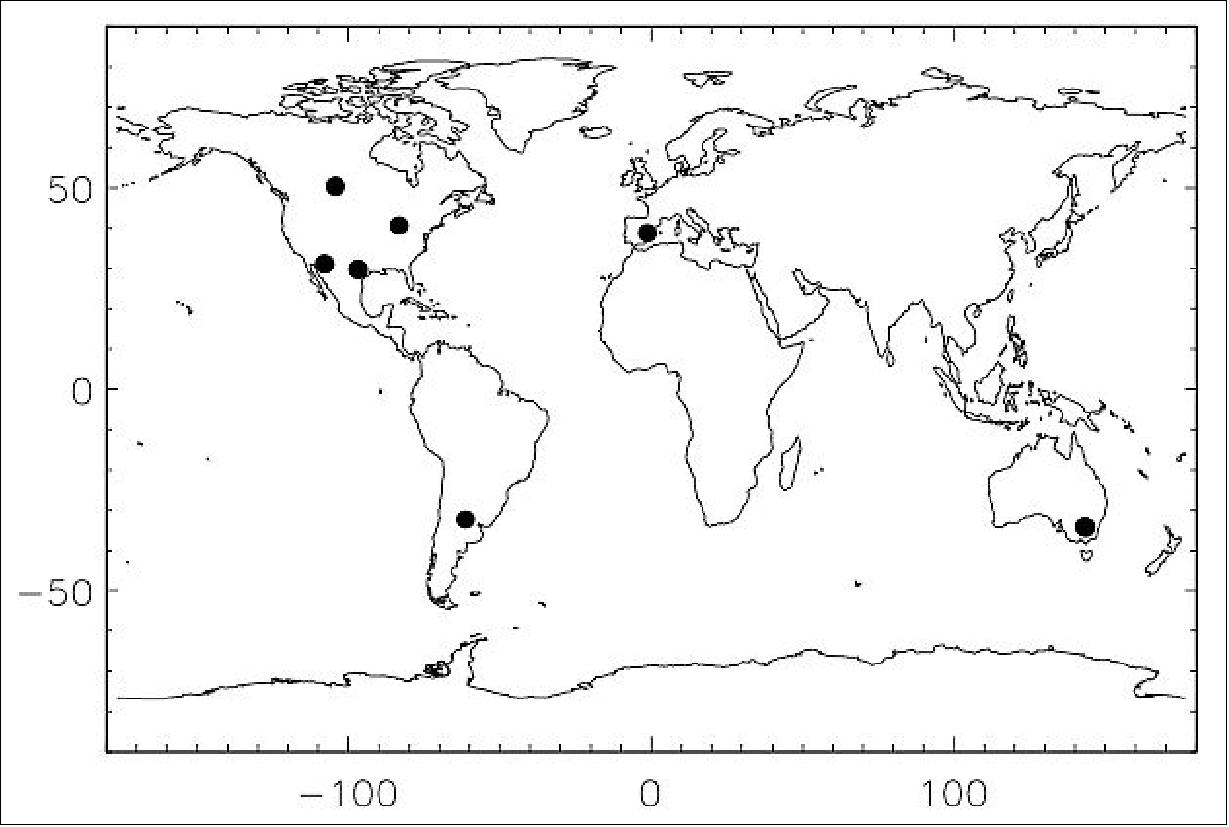 Figure 31: Locations of the 13 core validation sites. Several sites are close to each other and appear as one (image credit: NASA/JPL)