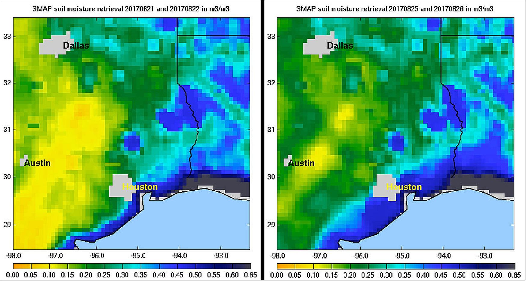 Figure 25: Soil moisture conditions in Texas near Houston, generated by NASA's SMAP satellite before and after the landfall of Hurricane Harvey can be used to monitor changing ground conditions due to Harvey's rainfall (image credit: NASA)