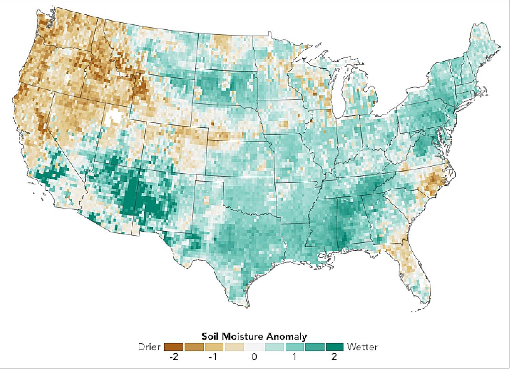 Figure 20: NASA Earth Observatory image by Lauren Dauphin and Joshua Stevens using soil moisture data from the NASA-USDA SMAP team and using GRACE data from The National Drought Mitigation Center at the University of Nebraska-Lincoln, and rainfall data from The Iowa Environmental Mesonet The Iowa Environmental Mesonet (IEM). Story by Mike Carlowicz)