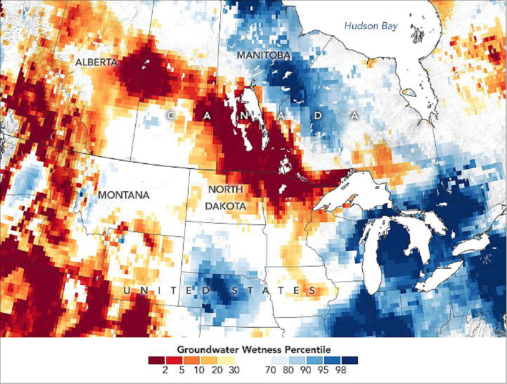 Figure 16: This map shows shallow groundwater storage, as measured by the Gravity Recovery and Climate Experiment Follow On (GRACE-FO) satellites on October 11, 2021. Compared to water in the root zone, which can react relatively quickly to rainfall events, groundwater is a deeper resource and replenishes slowly. This deeper source of water is used for crop irrigation, drinking water, and can sustain streams during dry spells (image credit: NASA Earth Observatory)