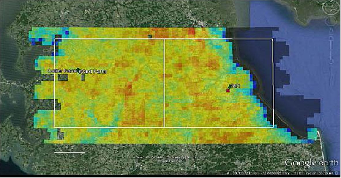 Figure 85: Two 36x36 km SMAP grid cells (white squares) imaged by SLAP radiometer from 11000 ft AGL in December, 2013, yielding 1.3 km resolution. Note cooler thin blue brightness temperatures features following rivers and red RFI hotspot (image credit: NASA/GSFC)