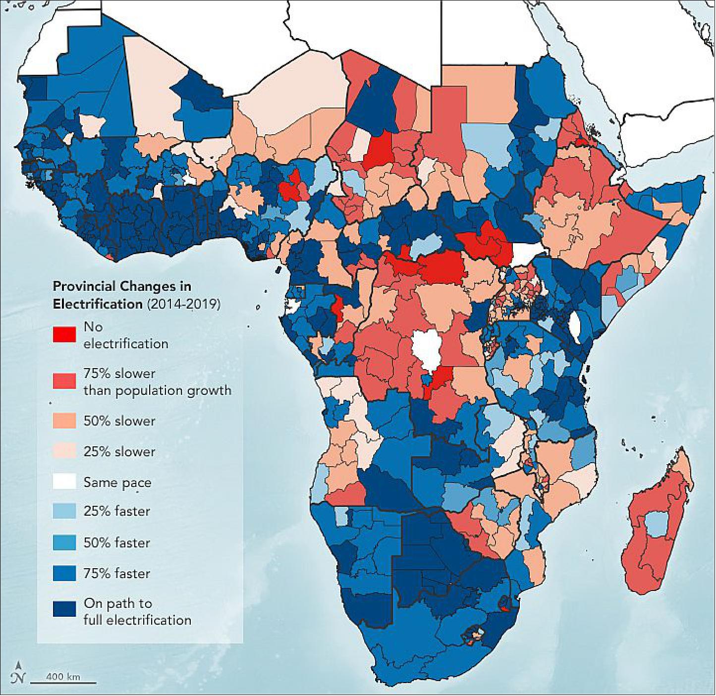 Figure 53: Map of provincial changes in electrification in Africa in the period 014-2019 (image credit: NASA Earth Observatory)