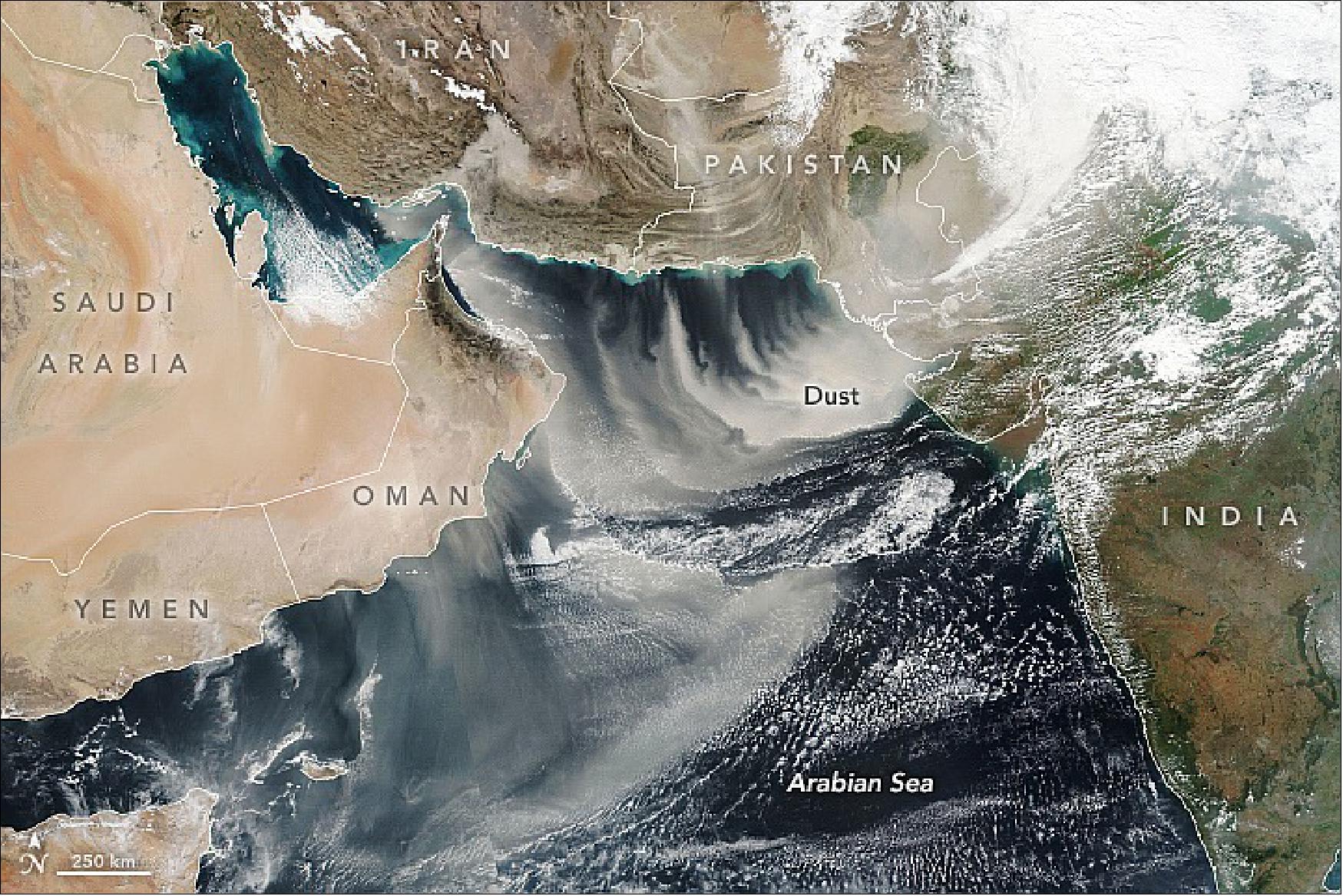 Figure 21: The VIIRS instrument on the NOAA-NASA Suomi NPP satellite acquired this image on January 22, 2022, as plumes of dust streamed from Oman, Pakistan, and Iran. Notice the especially thick plumes near Pakistan’s coast. Visibility in Karachi—the largest city in Pakistan—fell to about 500 meters (1600 feet). The size of the plume was remarkable, as was its unusual path (image credit: NASA Earth Observatory image by Lauren Dauphin, using VIIRS data from NASA EOSDIS LANCE, GIBS/Worldview, and the Suomi National Polar-orbiting Partnership. Story by Kathryn Hansen)