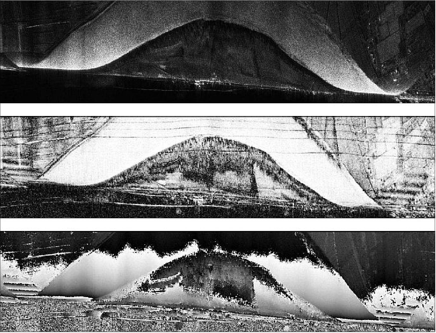 Figure 62: Top: The SAR image forms one of the interferometric channels; Middle: The coherence figure between the two interferometric channels; Bottom: The corresponding phase figure. Nadir is bottom of the images. The black part in the top bottom image is in the air. Far range is top of the images (image credit: ONERA)