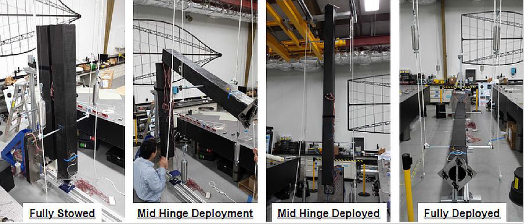 Figure 55: Kinematic Mast testing: The deployable Mast is tested through its full range of motion while supported by its gravity offloading fixture to verify the kinematic working of the mechanism (image credit: NASA/JPL)