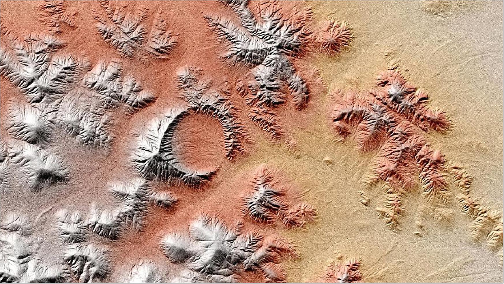 Figure 54: The Shunak meteorite impact crater structure in Kazakhstan stands out when viewed from space in the TanDEM-X DEM. Its high crater edge of ~400 m stands out in this image. With a diameter of 2.8 km, scientists estimate that the Shunak crater was formed about 45 million years ago (image credit: DLR)