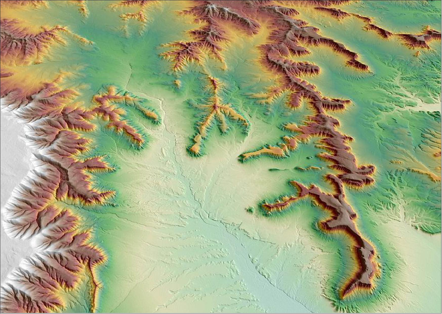 Figure 52: Sutherland, South Africa: The topography is characterized by the Roggeveld Mountain range which is part of the Large Karoo. In 2005 the SALT (Southern African Large Telescope), the largest single optical telescope in the southern hemisphere, was installed here (image credit: Airbus DS)