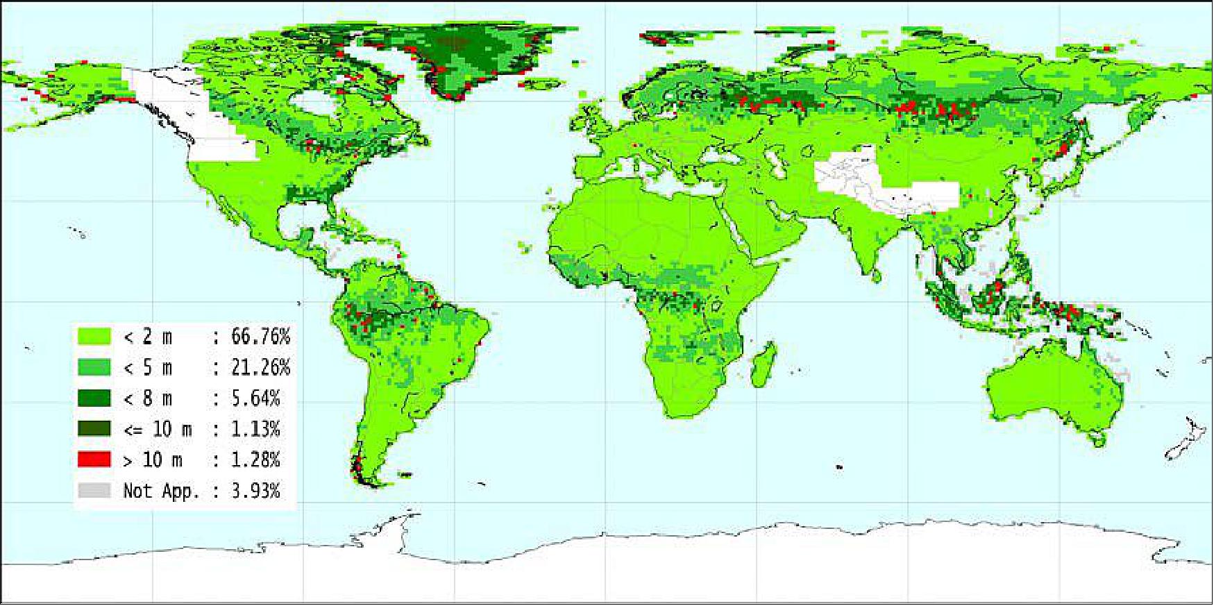 Figure 49: TanDEM-X absolute height accuracy per geocell for available geocells as of February 2016. “N/A” represents tiles where no validation points are available (image credit: DLR)