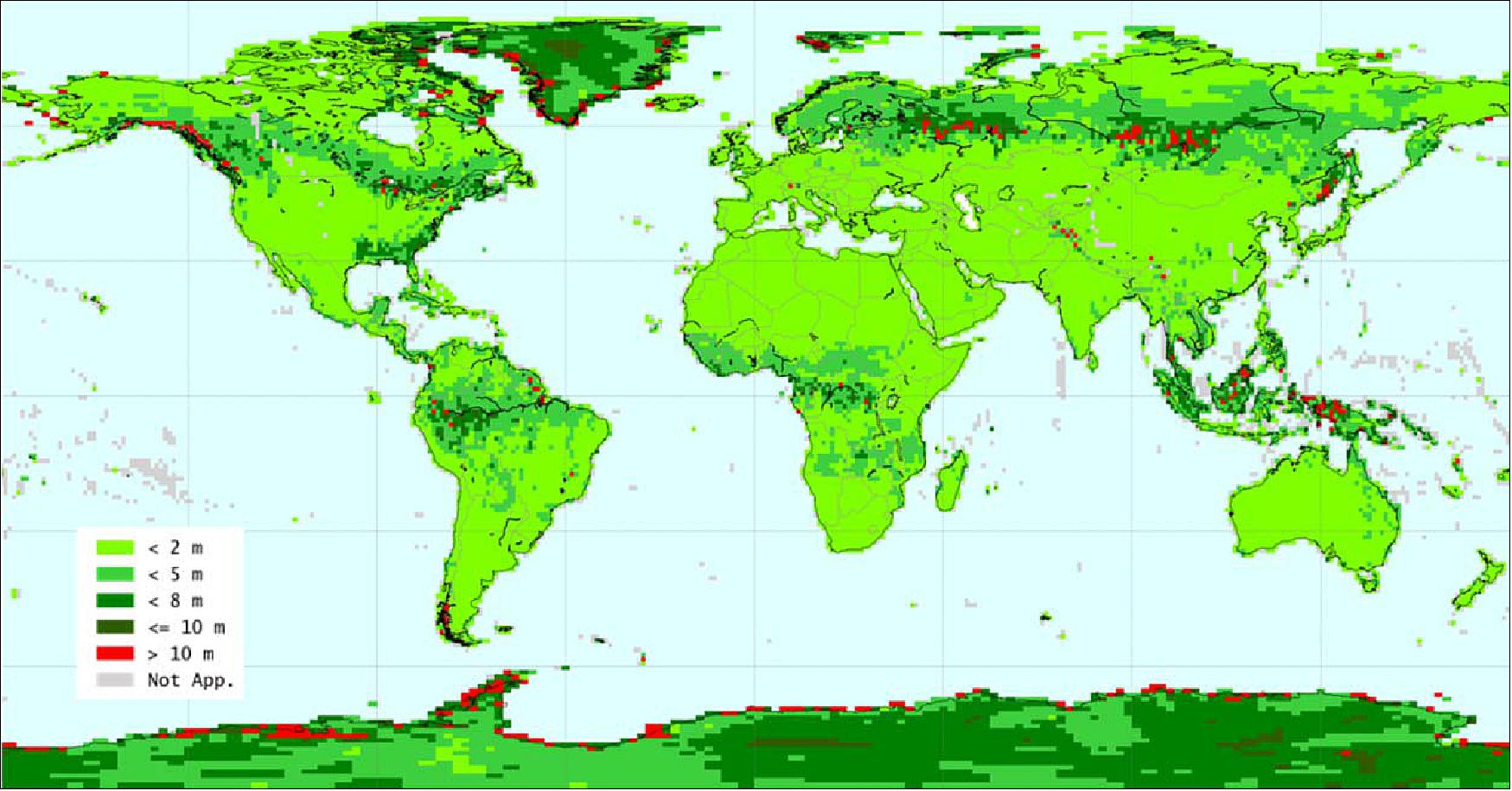 Figure 40: TanDEM-X DEM absolute height accuracy (90% linear error) per 1º by 1º DEM tile; the cumulated absolute height error for ice-free and non-forested areas is with 0.9 m one order of magnitude below the 10-m requirement (image credit: DLR)
