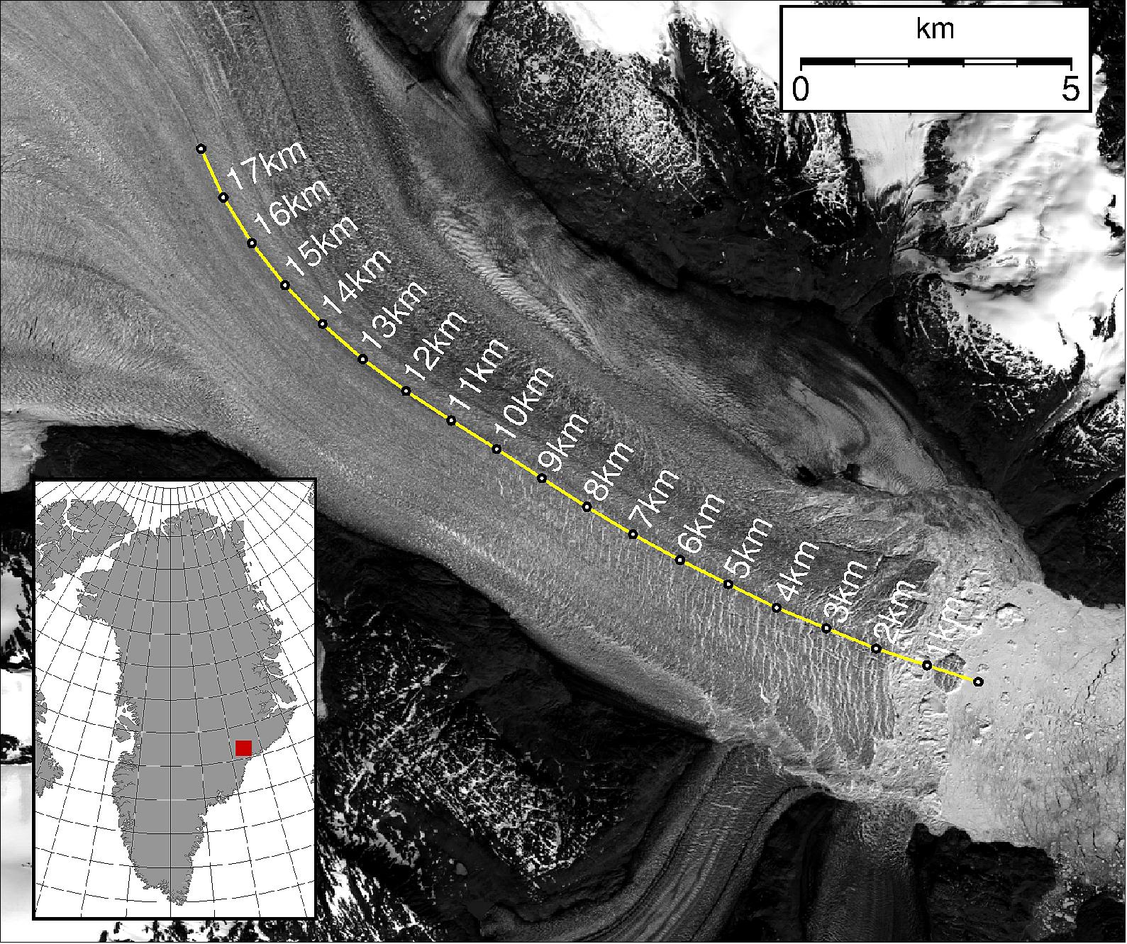 Figure 23: Landsat image of Greenland's Kangerlussuaq Glacier. Focus: space, Earth observation, climate change (image credit: USGS, DLR)