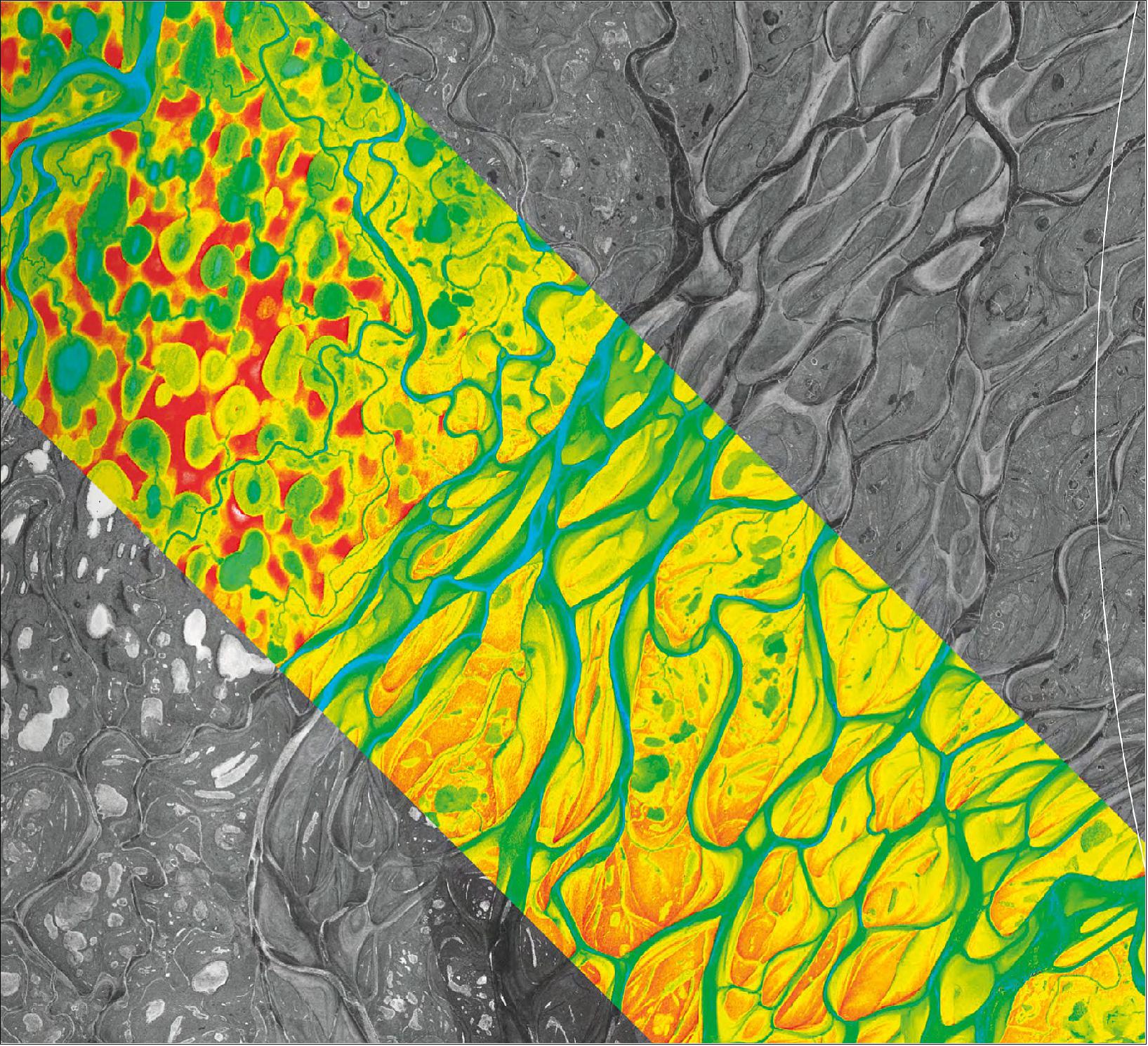 Figure 14: This image shows the Lena Delta in Russia. Here, after 4294 km, the river flows into the Laptev Sea, a marginal sea of the Arctic Ocean. The 1500 small islands in the delta are constantly changing shape as new sediment is deposited which alters the flow of the water. In an atlas, the variations are so small that this entire area is depicted at a single, constant elevation. TanDEM-X can visualize these elevation differences in much greater detail, with a vertical accuracy of better than two meters. By mid-2016, scientists at DLR had created a precise three-dimensional elevation model of the entirety of Earth’s landmass using data acquired by the TanDEM-X mission. Since then, the twin satellites have been gathering data for a second global elevation model. This model, known as the 'Change DEM' (Digital Elevation Model), will document changes to Earth’s surface in three dimensions. Initial analyses have already revealed dramatic developments such as the melting of glaciers and ice sheets and the unrestrained deforestation of tropical rainforests.
