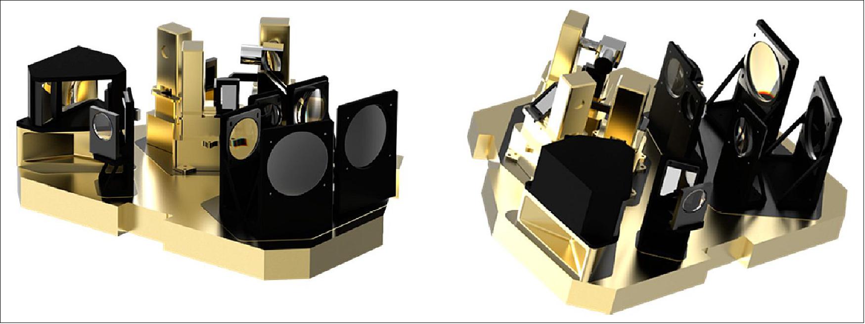Figure 3: HIS on optical bench. Two views of an initial Surrey Satellite Technology Ltd (SSTL) concept design, which is subject to change as the mission undergoes detailed design during a formal Phase AB1 (image credit: SSTL)